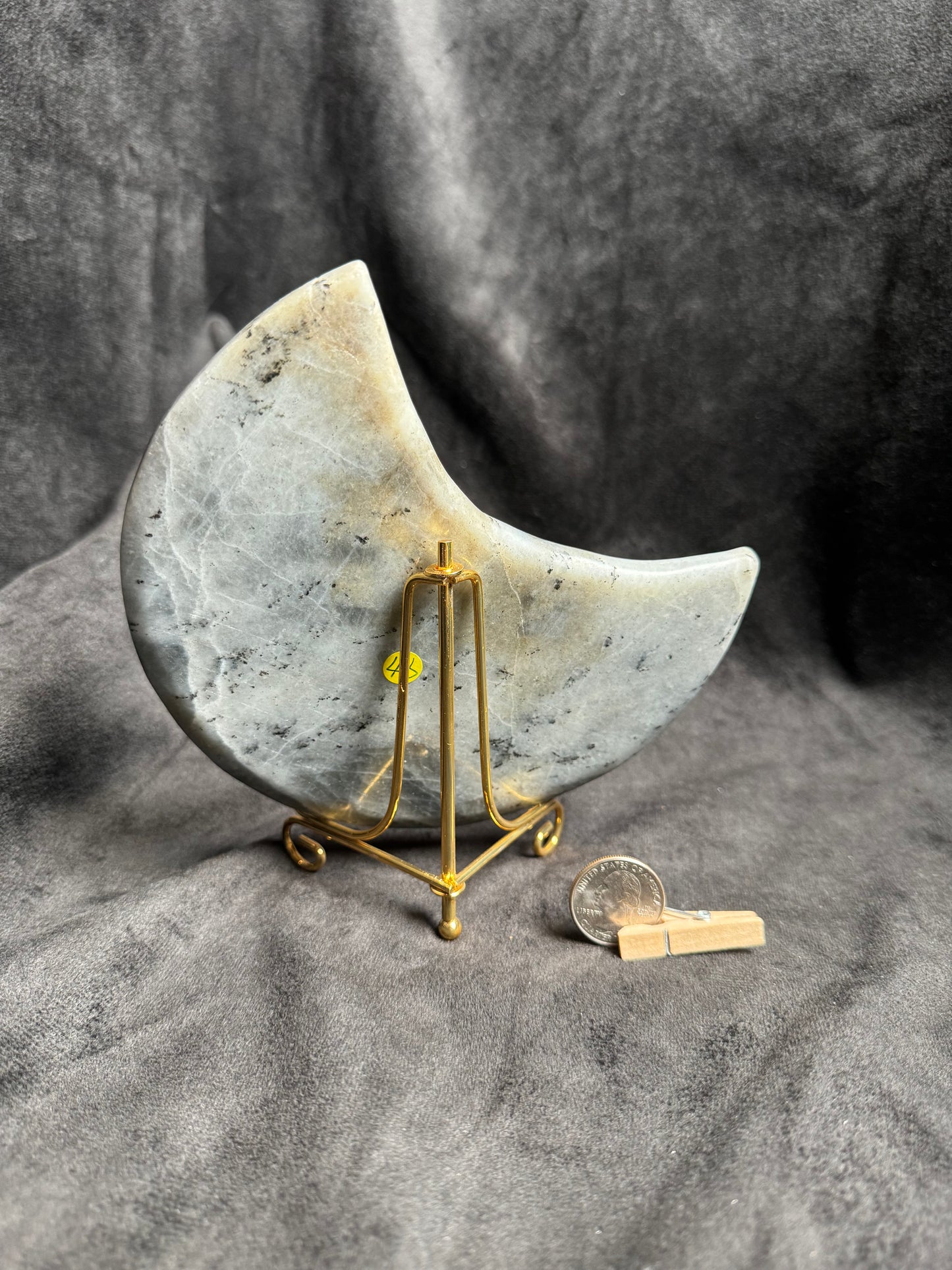 Labradorite Crescent Moon and golden stand.
