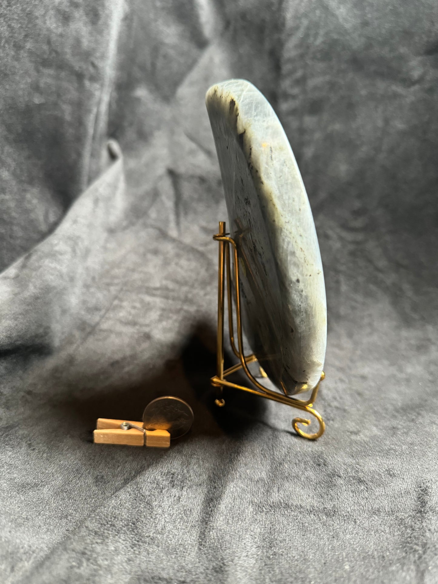 Golden Flash Labradorite Moon with golden stand.