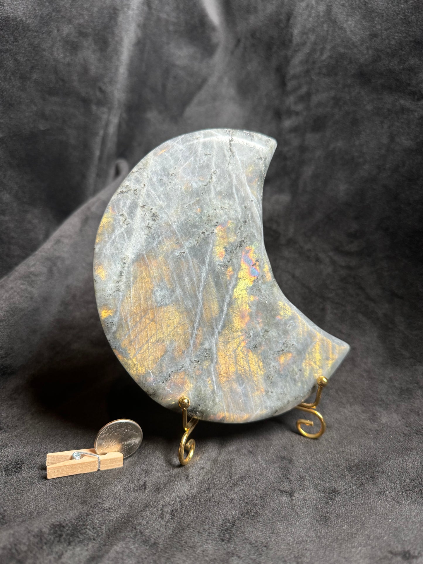 Golden Flash Labradorite Moon with golden stand.