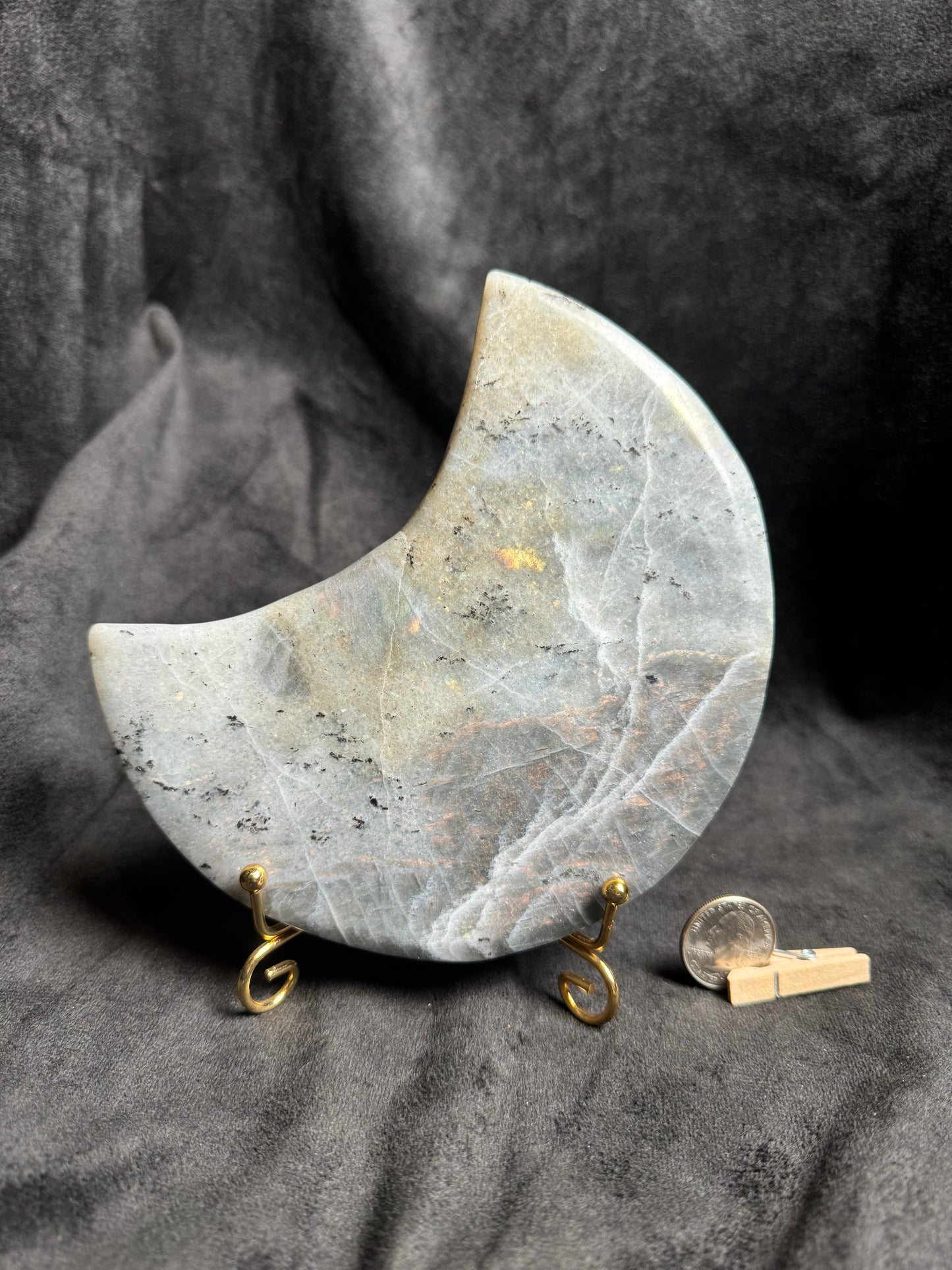 Labradorite Crescent Moon and golden stand.