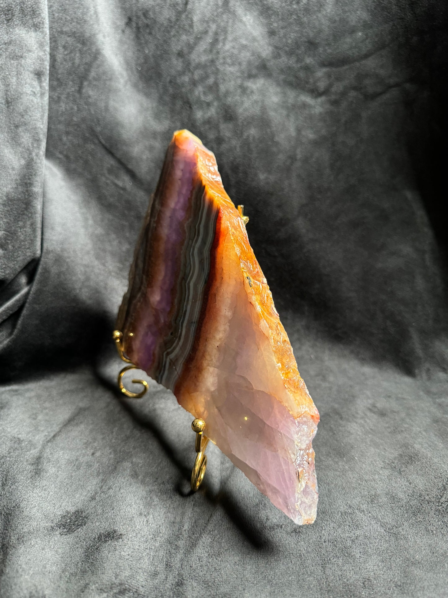Crazy Lace Amethyst Slab on Golden Stand