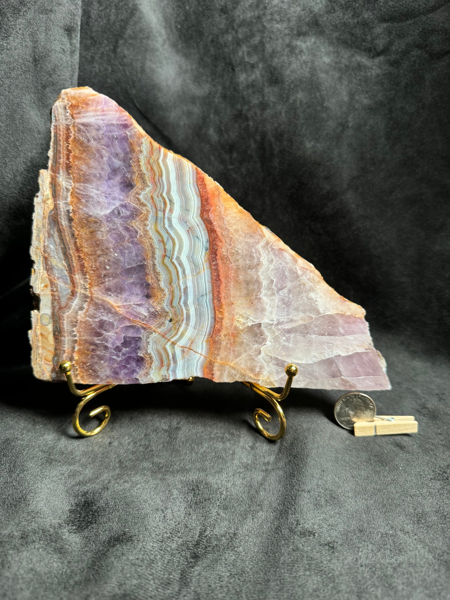 Crazy Lace Amethyst Slab on Golden Stand