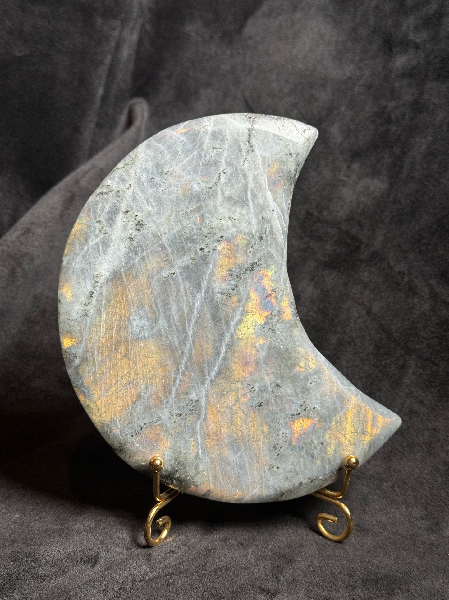 Golden Flash Labradorite Moon with golden stand.