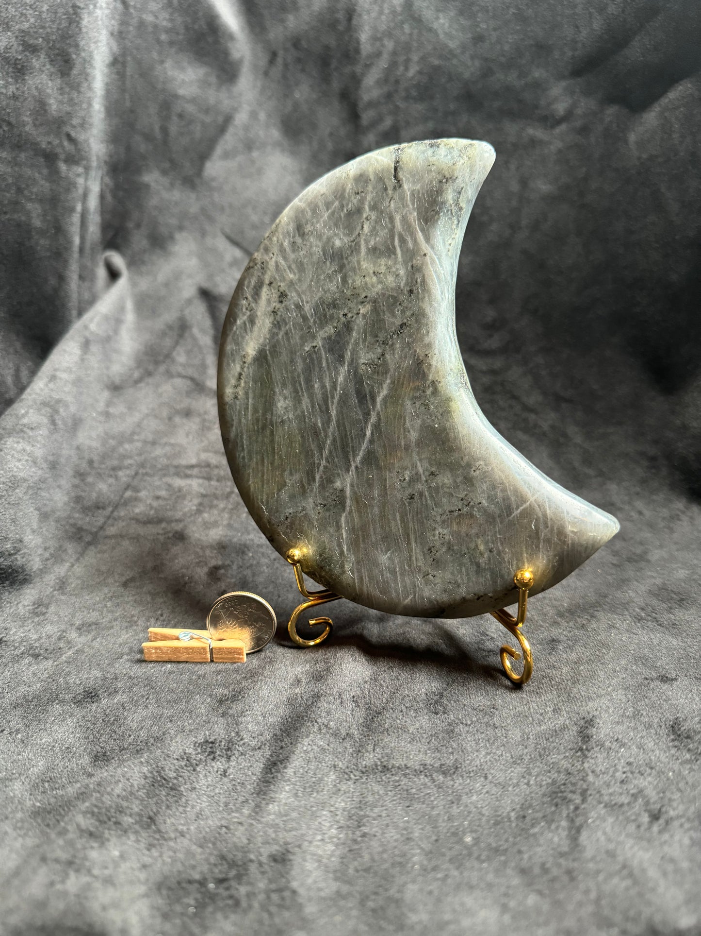 Golden Flash Labradorite Moon with golden stand.