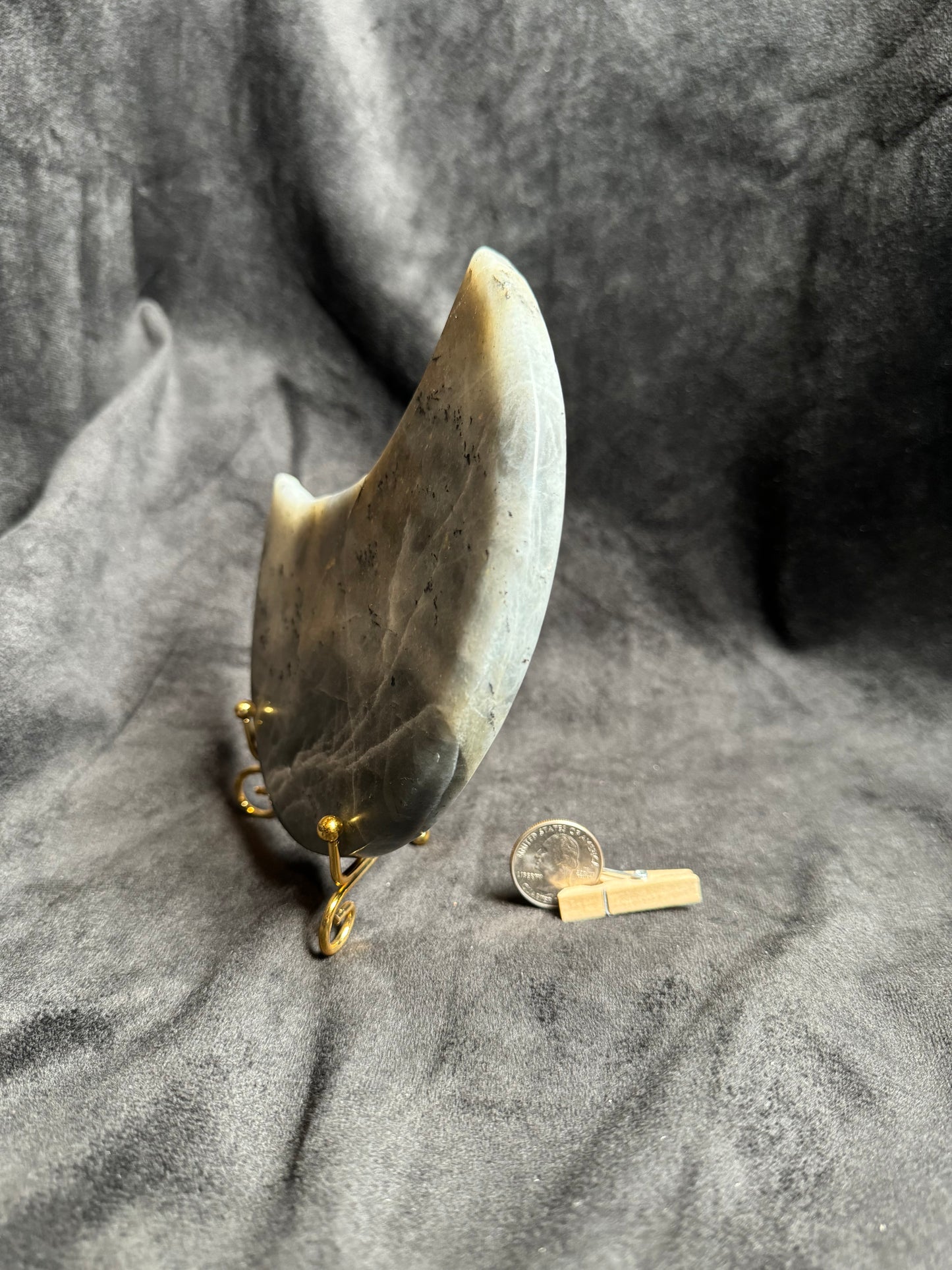 Labradorite Crescent Moon and golden stand.