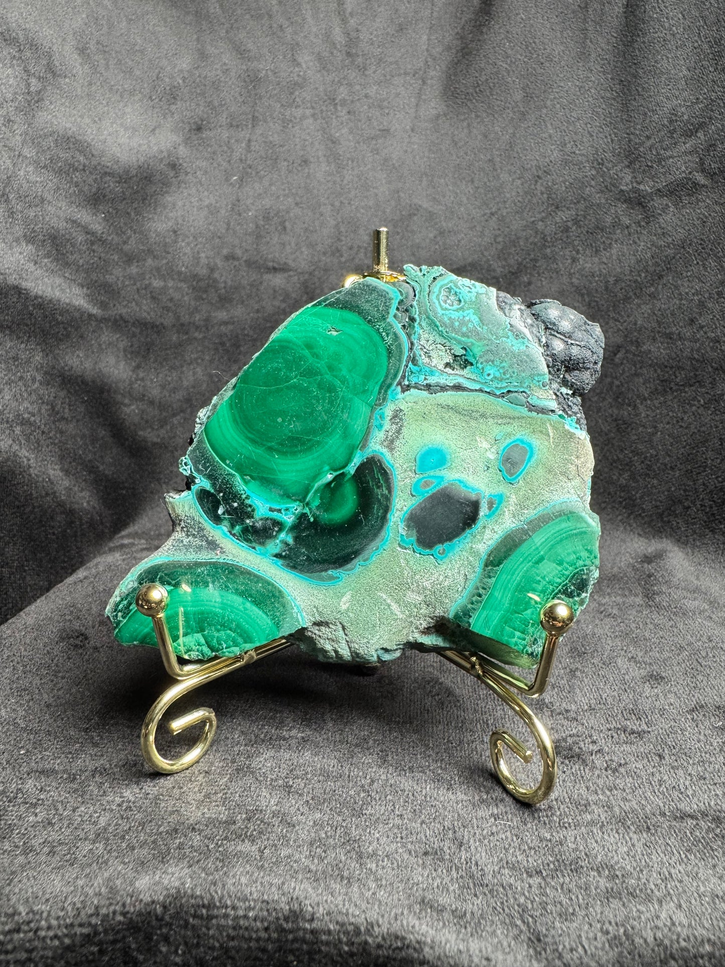 Malachite and Chrysocolla Slab on Metal Stand