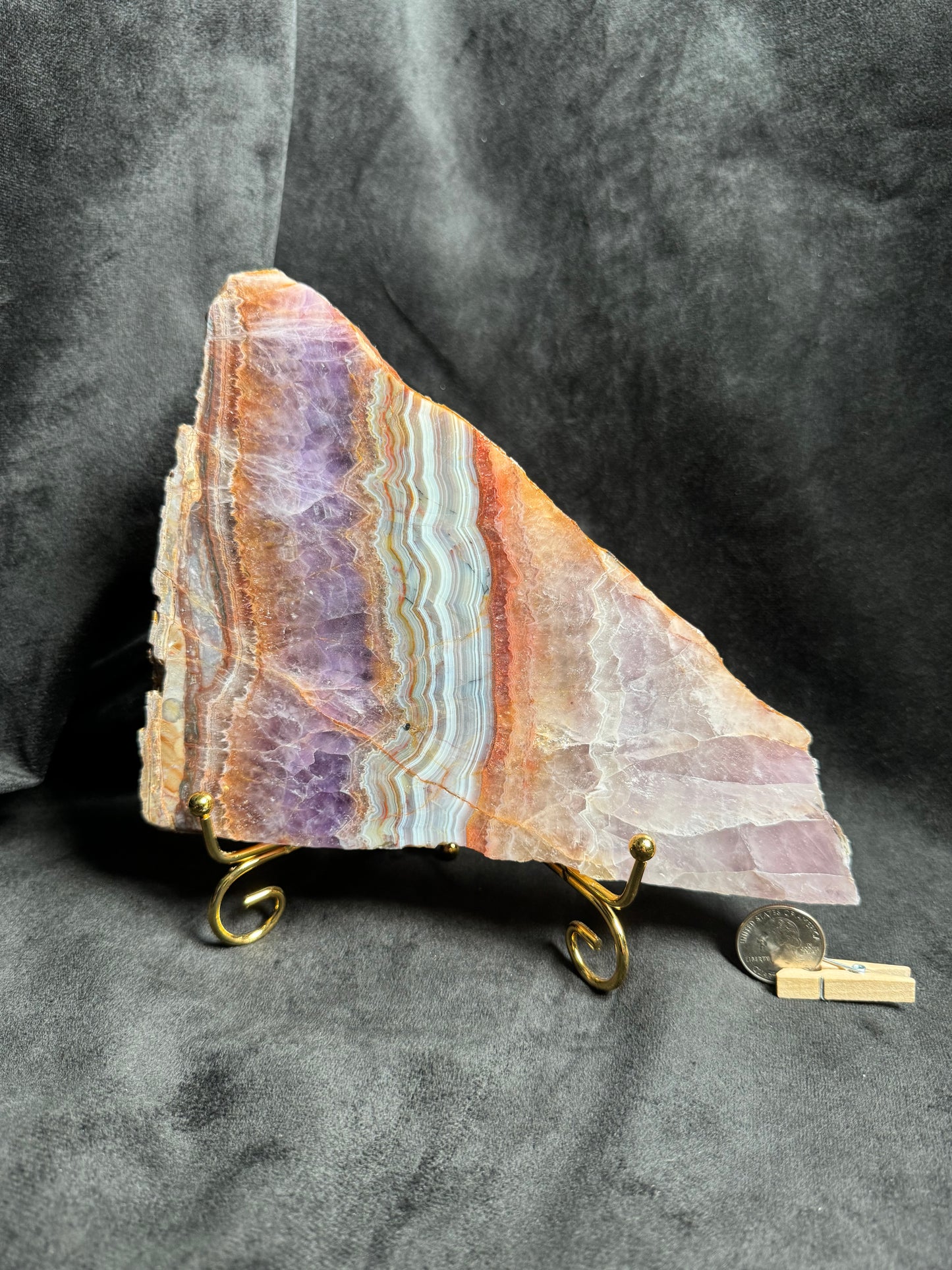 Crazy Lace Amethyst Slab on Golden Stand