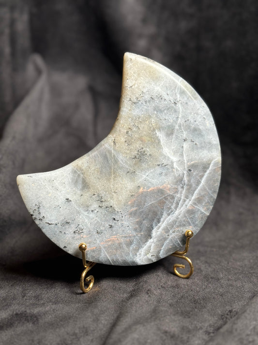 Labradorite Crescent Moon and golden stand.