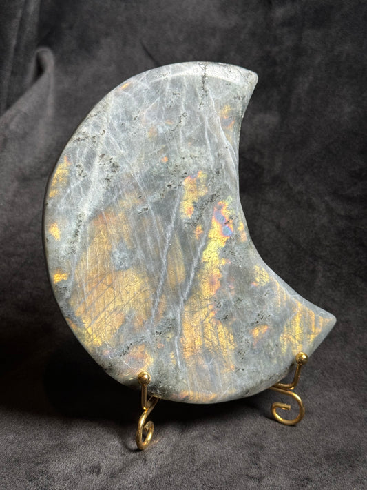 Golden Flash Labradorite Moon with golden stand.