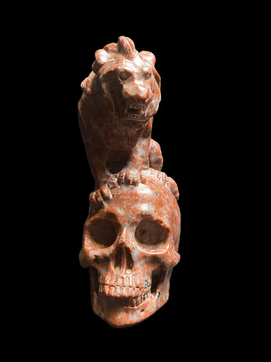 Large Imperial Red Granite Lion on top of a Skull